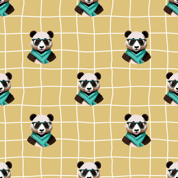 Cool Panda Hand Drawn Grid Seamless Pattern