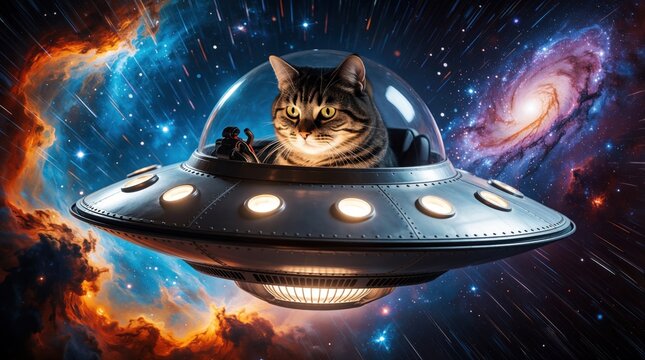 Cute tabby cat pilots silver flying saucer through deep space. Fluffy kitten travels in futuristic spaceship amidst colorful nebula, bright stars. Funny pet astronaut explores cosmic galaxy in sci-fi