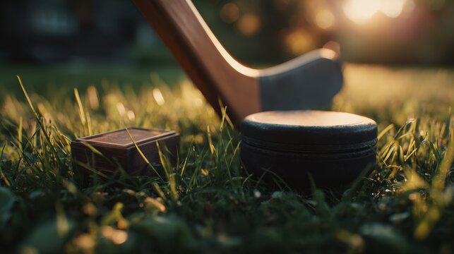 A hockey puck and stick resting on lush green grass during sunset. Perfect for sports and recreation themed backgrounds.