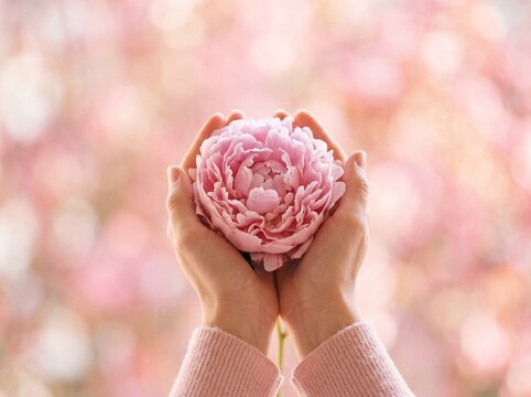 Gentle hands holding a single pink peony flower against a soft blurred background for wellness and romantic concepts.