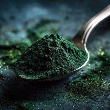Green spirulina algae powder piled on a metallic spoon against a dark textured background. Excellent for superfood and healthy dietary.