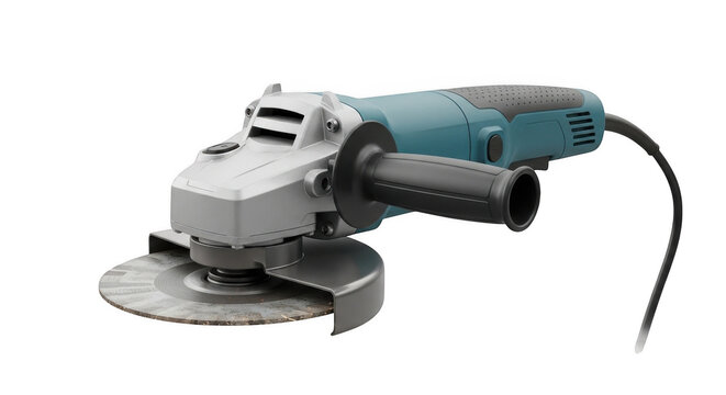 Angle grinder tool with cutting disc in studio lighting for construction and DIY projects Isolated on transparent background