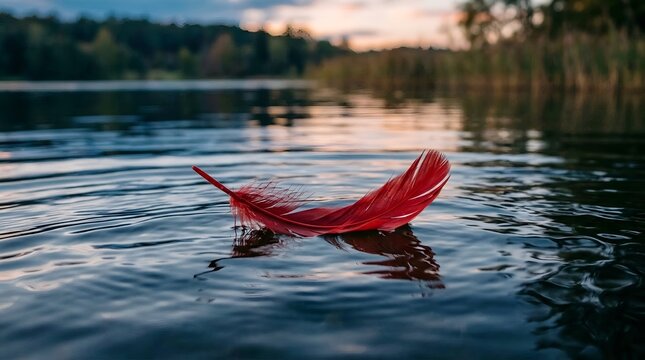 A single red feather floating on the calm water surface during a peaceful sunset.