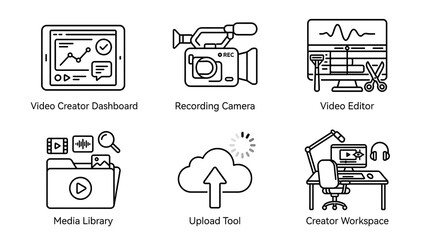 Fototapeta premium Video Production and Content Creator Workflow Line Icon Set