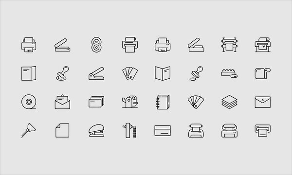 Printing house flat line icons. Print shop equipment - printer, scanner, offset machine, plotter, brochure, rubber stamp. Thin linear signs for polygraphy office, typography.