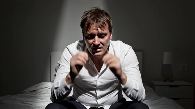 Man In Bed With Head In Hands Showing Distress And Anxiety