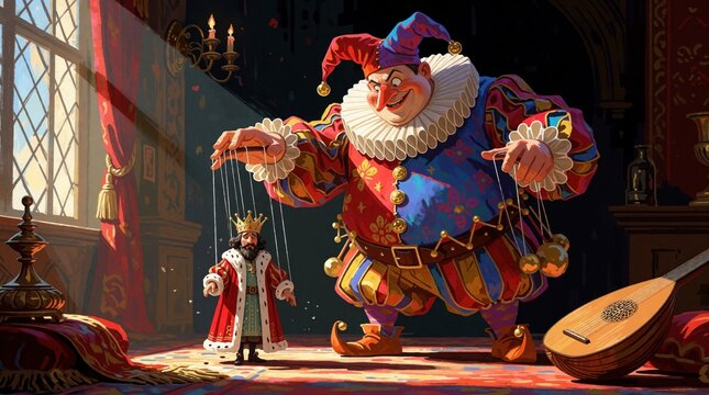 Fat jester controls little king like puppet. Jester wears colorful suit with bells. King has crown and royal robe. Indoor scene with window and lute.