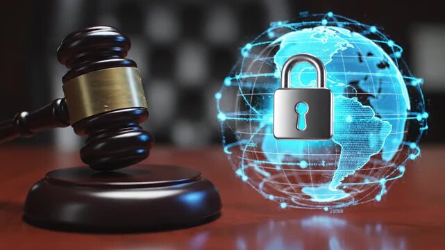 A wooden gavel beside a glowing digital globe with a padlock. Concept of global cybersecurity laws and digital privacy.	
