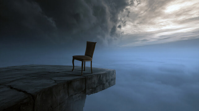 Lone chair balancing on the edge of a cracked concrete platform above a foggy abyss, symbolizing instability, isolation and uncertain choices