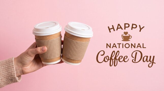 Hand holding two takeaway coffee cups for National Coffee Day celebration
