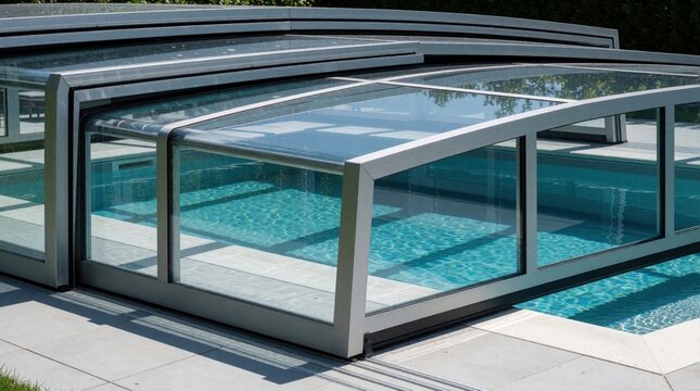 Modern pool enclosure with glass panels shields clear blue water. Sleek aluminum frame structure provides safety and elegance. Outdoor relaxation space with poolside access.