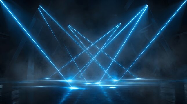 Abstract blue neon laser lights beams in dark smoky room for event.