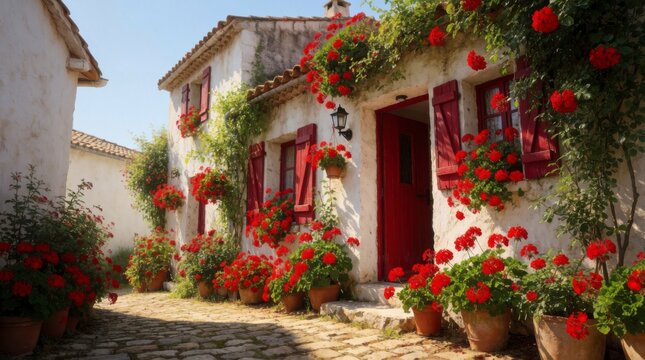 Charming white house with vibrant red flowers and shutters in a picturesque village alleyway, concept of charming European village life