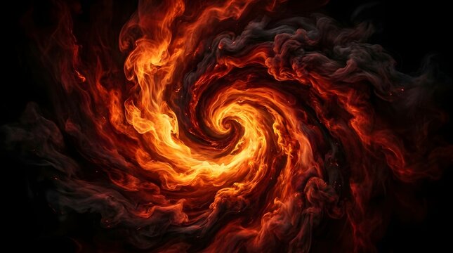 Fiery orange vortex of smoke and flames on black for powerful designs.