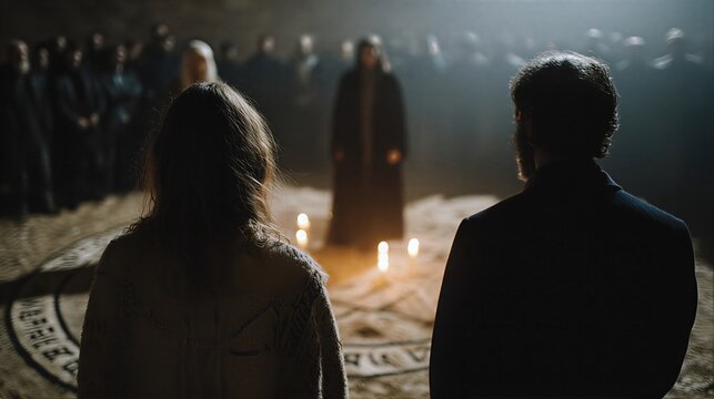 Woman and man observing ritual circle lit by candles on sandy ground. Group of robed figures gathered around central leader in occult ceremony. Mystical pagan gathering for spiritual magic and