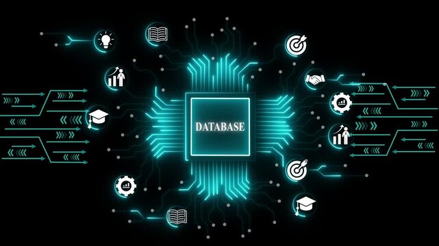 Digital database management system hud interface with rotating and network connectivity animation. network connectivity hud for tech and corporate analytics. 