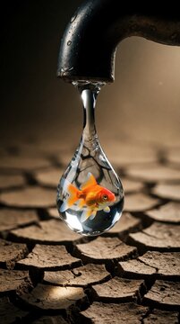 Goldfish swims in water drop from faucet above dry cracked earth. Tiny aquarium symbolizes scarce water resources, global crisis, and need for conservation efforts. Life dependent on limited supply.