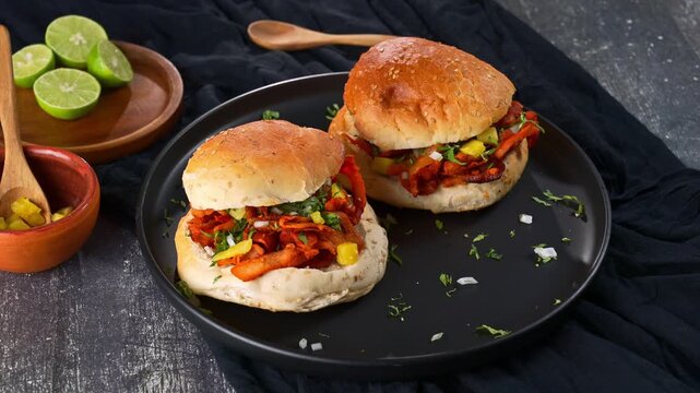Mexican cemitas al pastor served on a dark plate with limes and cilantro