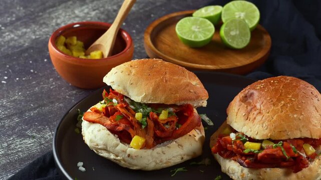 Delicious homemade Mexican pork sandwiches also known as cemitas served on a black plate
