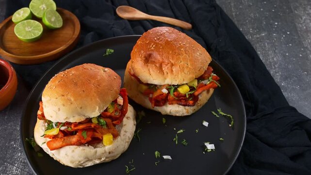Mexican street food. Cemitas al pastor with fresh limes on a dark rustic table