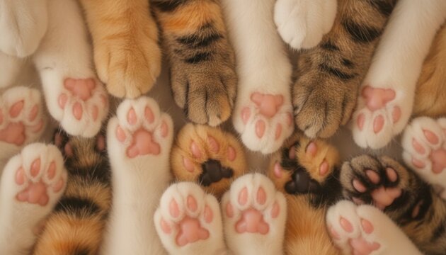 Close-up of many fluffy cat paws with pink toe beans, concept of comfort and companionship