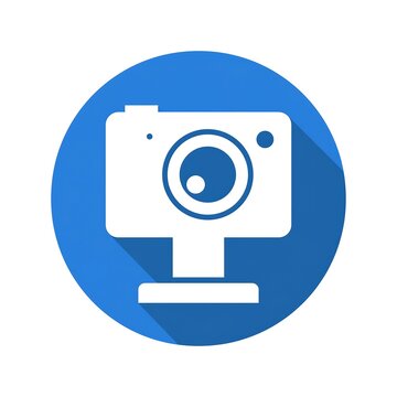 Blue circular icon with camera lens and shutter symbol.