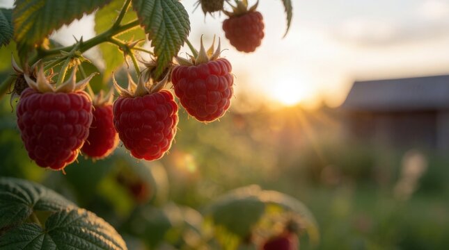 Close-up of ripe red raspberries hanging on a branch with green leaves, illuminated by warm golden hour sunlight in a garden, concept of natural abundance and healthy living