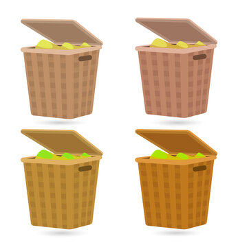 Four brown trash cans filled with yellow objects on transparent background