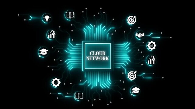 Cloud computing data services infrastructure applications security software resources business hybrid public private access storage.  Cloud Floating on Top of Circuit Board, cloud computing.