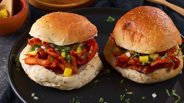 Traditional Mexican cemitas al pastor with pineapple and herbs