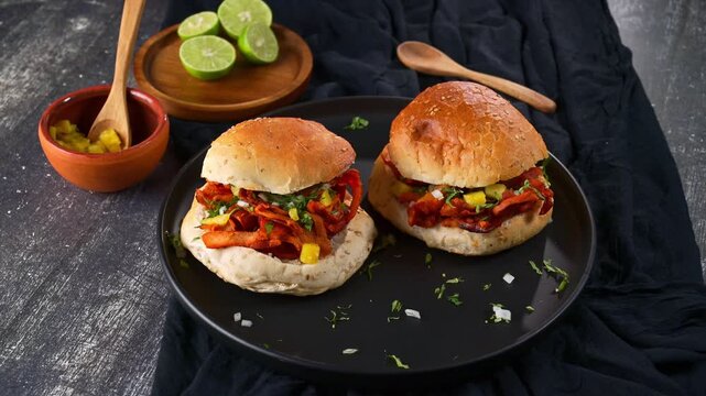 Traditional spicy Mexican pork sandwiches on sesame seed buns with limes
