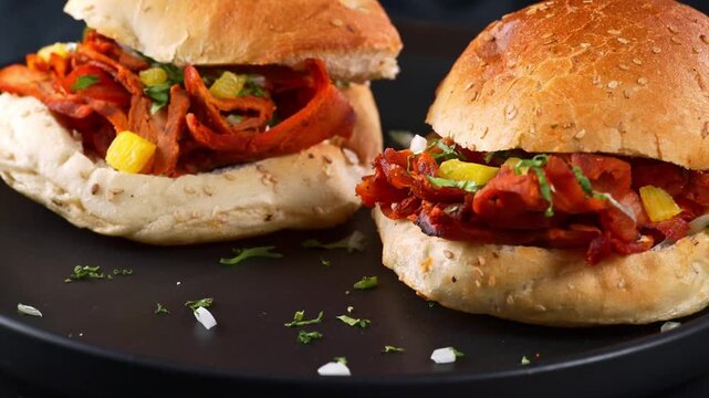 Two Mexican tortas or cemitas filled with seasoned al pastor pork and fresh herbs
