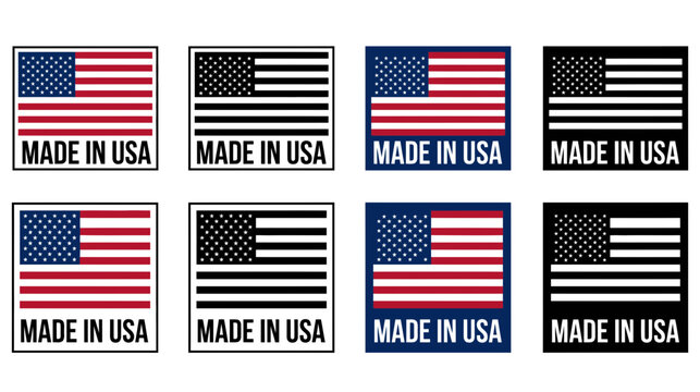 A collection of eight rectangular american flags with 'made in usa' text showcasing various color schemes and backgrounds