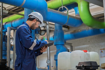 Naklejka premium Industrial technician records inspection data beside pipelines and chemical containers at a cooling facility. Concept of cooling system, engineering, process control, utilities