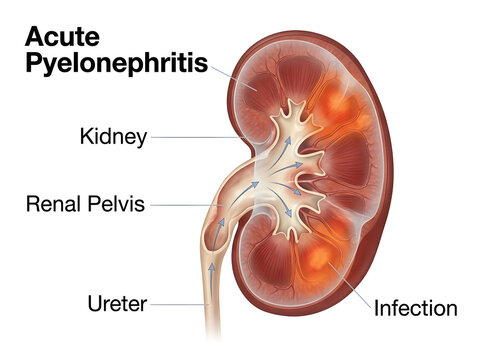 Acute pyelonephritis infection in human kidney anatomy illustration isolated on white background
