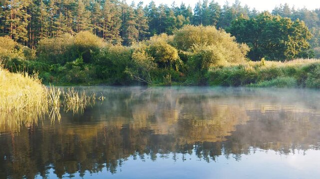 Morning landscape with mist moving over calm river surface, reflecting lush green forest on opposite bank during tranquil sunrise with golden sunlight. View from boat rafting on river