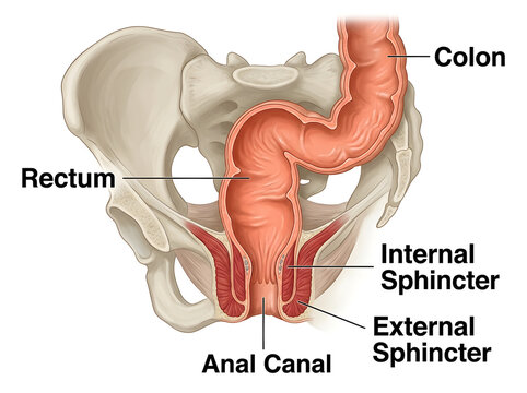 Human digestive system showing rectum and anal canal anatomy isolated on white background