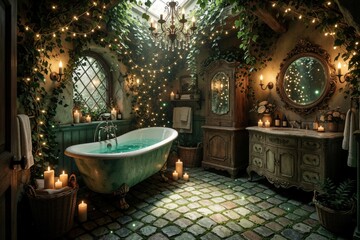Fototapeta premium Whimsical fairy tale bathroom features vintage clawfoot tub under glowing fairy lights. Rich green vines cover stone walls, wooden furniture. Romantic candlelit atmosphere creates magical enchanted