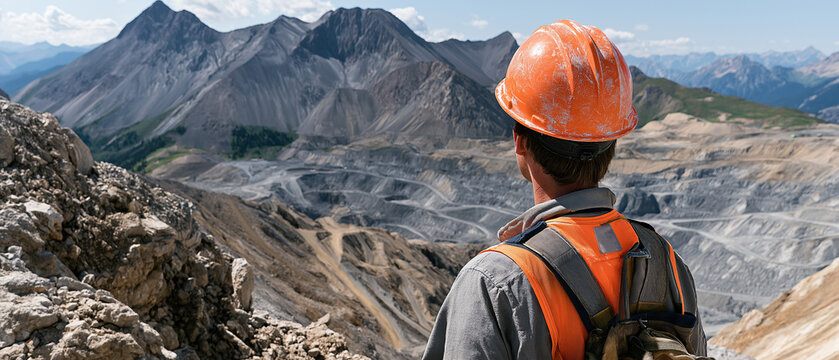 Mining Operation Overlook: A miner in an orange hard hat and safety vest stands on a ridge, surveying a vast open-pit mine nestled in a rugged mountainous landscape under a clear blue sky.