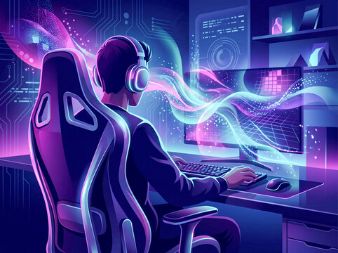 A young gamer wearing illuminated headphones sitting in a gaming chair at a PC desk setup surrounded by futuristic neon glowing effects