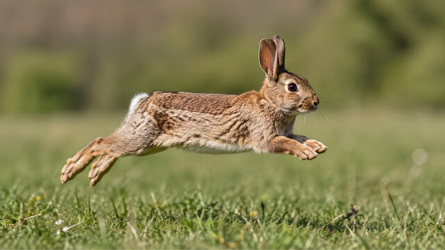 Brown Rabbit Jumping Across a Green Meadow