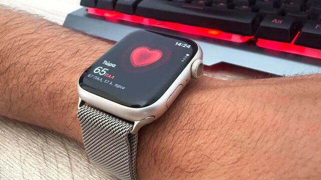 Close up view of a person wearing a digital smartwatch on their wrist showing a red heart rate monitor interface with a backlit gaming keyboard in the background emphasizing a modern tech lifestyle.
