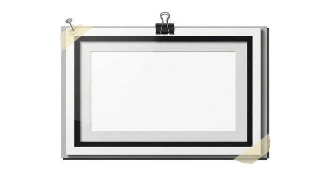 Blank photo frame with binder clip and tape on white background