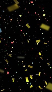 Animation of gold and colourful confetti falling on black background