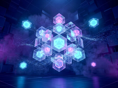 Futuristic abstract blockchain technology concept with glowing neon glass cubes and digital data particle streams in a dark cyberspace environment