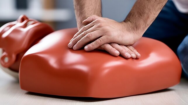 Hands performing cpr chest compressions on training dummy