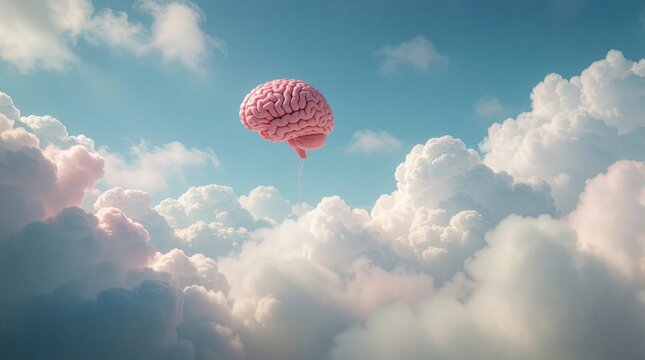 Pink brain floats in bright sky among soft clouds. Light string connects organ to unseen anchor point. Concept of free thought or imagination takes flight.