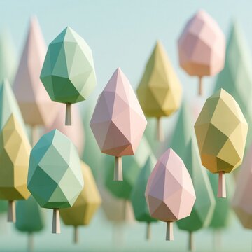 Geometric trees with pastel colors create abstract forest landscape. Low poly design conveys nature regrowth and eco concepts. Minimalist 3D render for design backgrounds or themes.