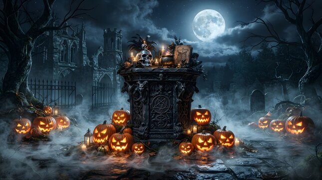 A haunting Halloween scene features a stone altar surrounded by glowing jack-o'-lanterns in a misty, moonlit graveyard with a crumbling gothic castle in background.