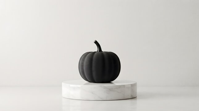 A sleek matte black pumpkin sits perfectly centered on a polished white marble cylindrical pedestal against a clean minimalist light gray studio background setting today